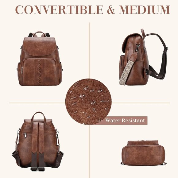 Fashion Brown Vegan Leather Flap Backpack Purse with Guitar Strap for Women